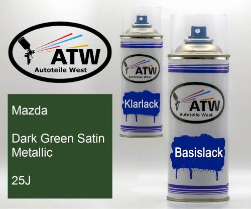 Mazda, Dark Green Satin Metallic, 25J: 400ml Sprühdose + 400ml Klarlack - Set, von ATW Autoteile West.
